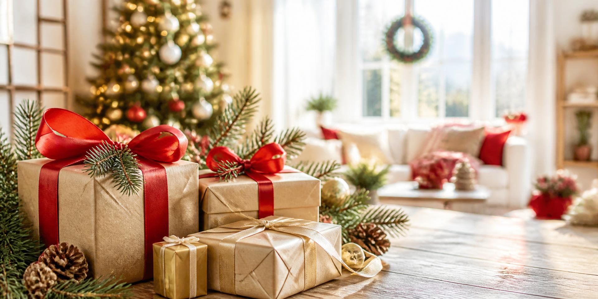 Bright holiday living room with wrapped gifts, evergreen branches, and a decorated Christmas tree